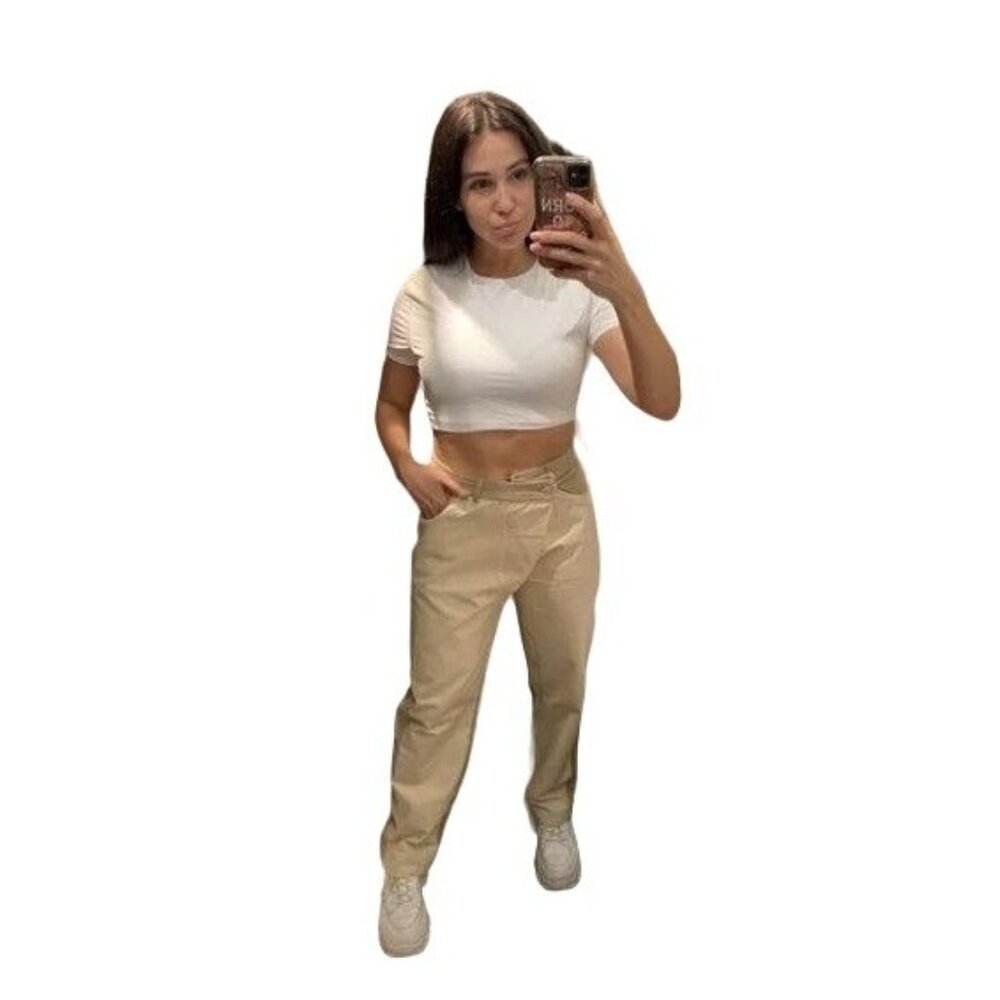 Zara Women's Contrasting Trim Crossover Waist Beige Khaki Pants Size M
